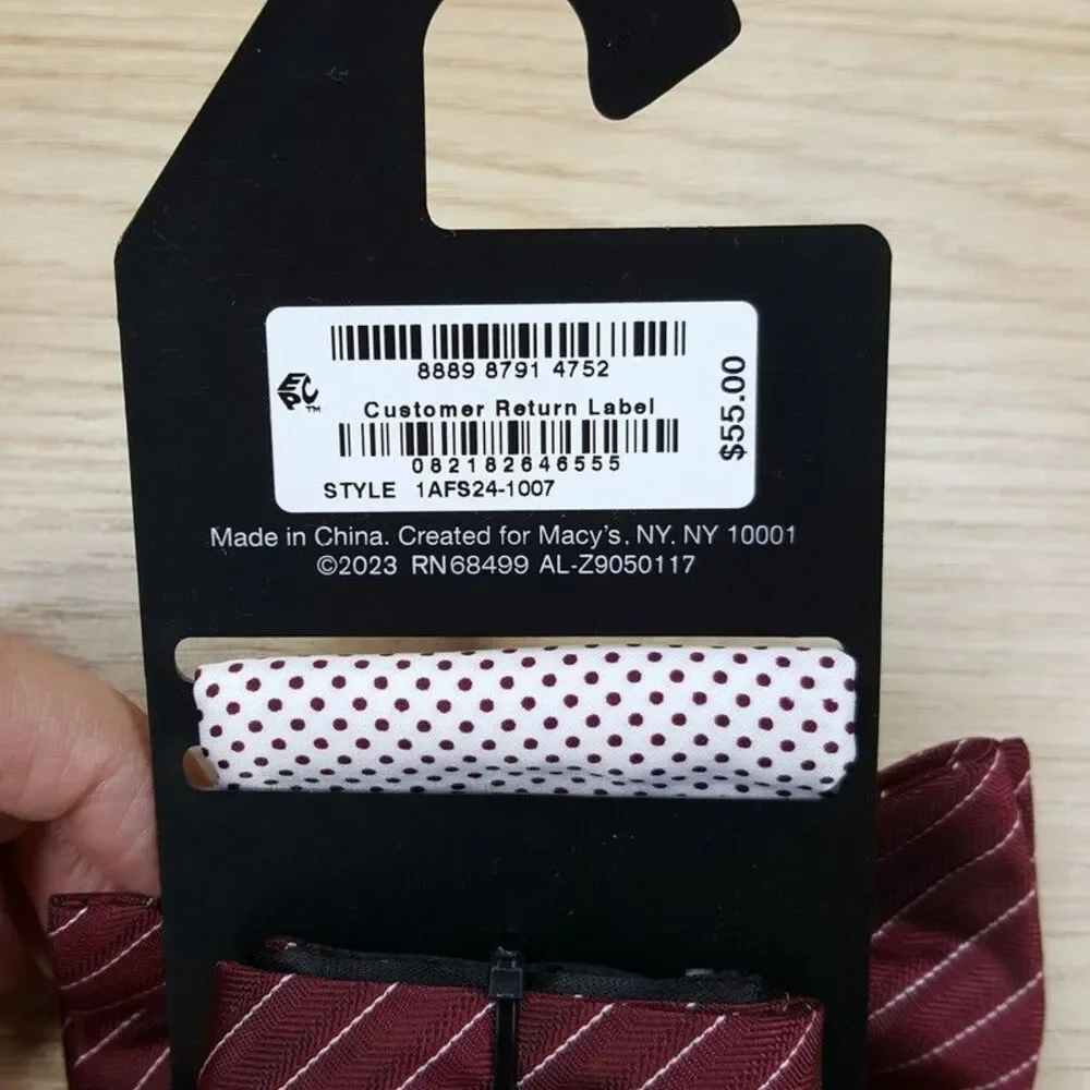 ALFANI Mens Bow Tie Burgundy Stripe Pre-tied & White Polka Dot Pocket Square Set